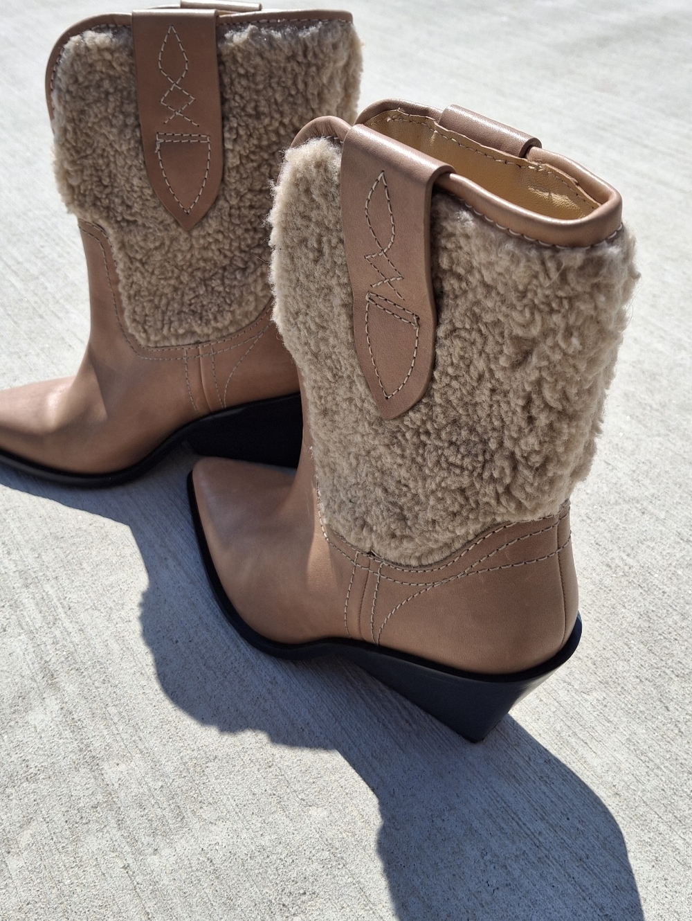 Free People Tan Shearling Accent Western Ankle Boots